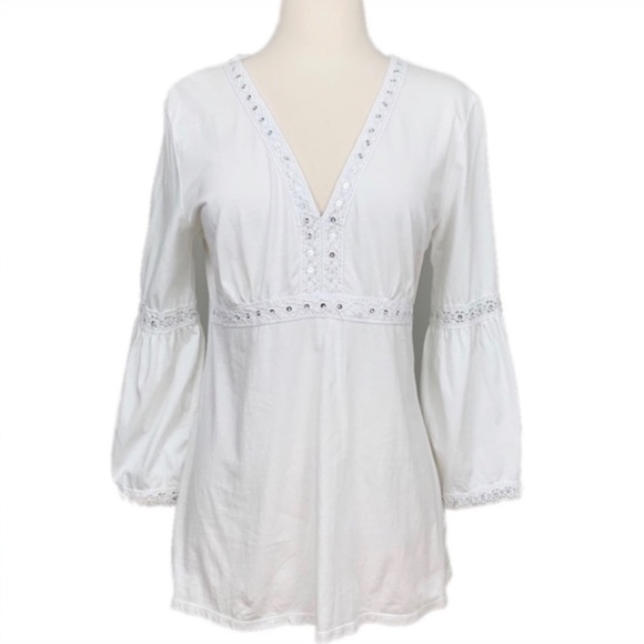 New York & Company Tops - NEW YORK & COMPANY White Sequin Crochet Boho Top M